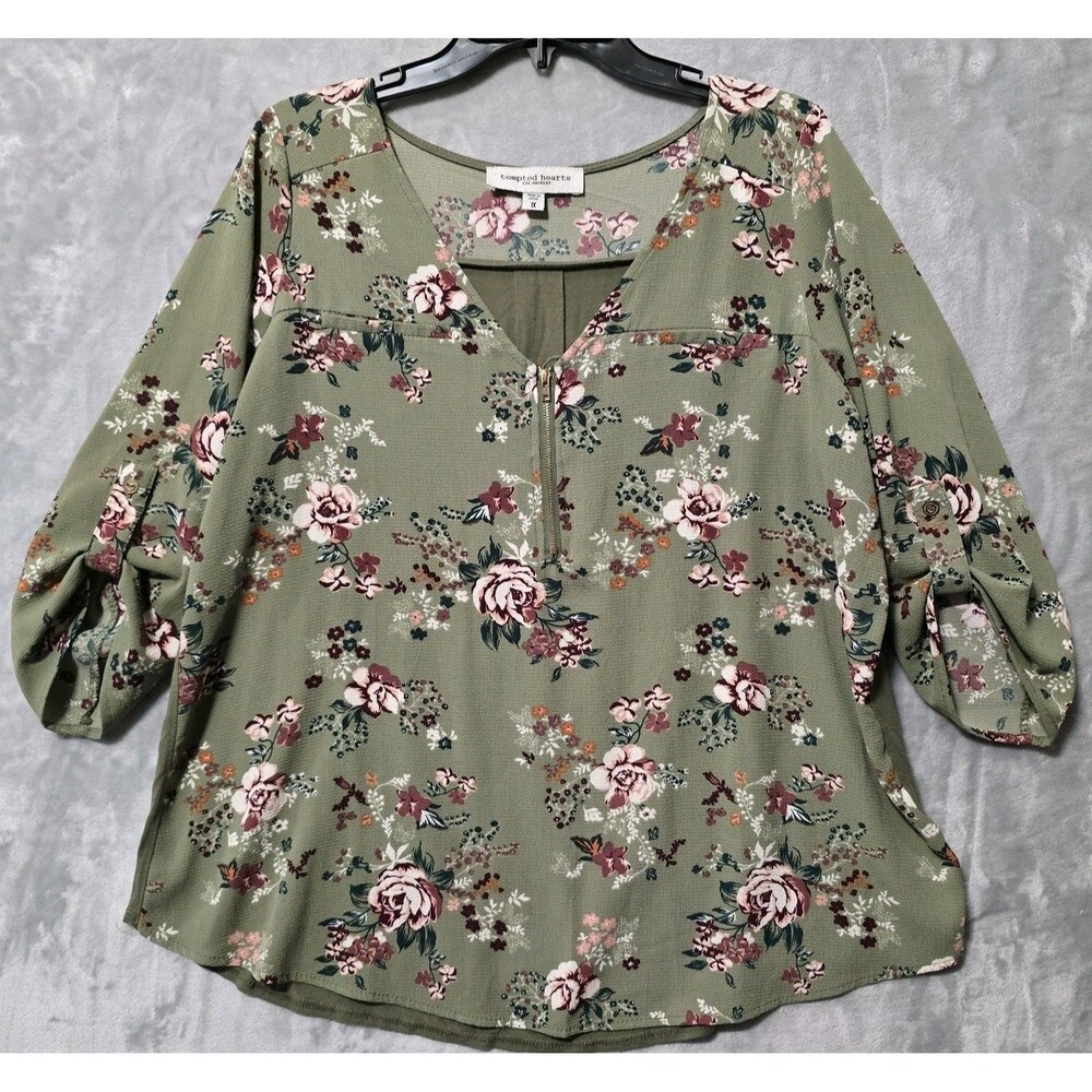 Tempted Hearts Los Angeles Blouse Shirt 1x Floral Olive Green Zipper V Neck